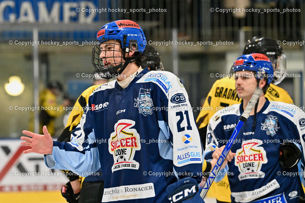 ESC Steindorf vs. EC Hornets Spittal 25.2.2024 | #21 Steiner Moritz ESC Steindorf, #88 Groyer Fabian ESC Steindorf, ESC Steindorf vs. EC Hornets Spittal 25.2.2024, ESC Steindorf vs. EC Hornets Spittal 25.2.2024 am 25.02.2024 in Steindorf (Ossiachersee Halle), Austria, (Photo by Bernd Stefan)