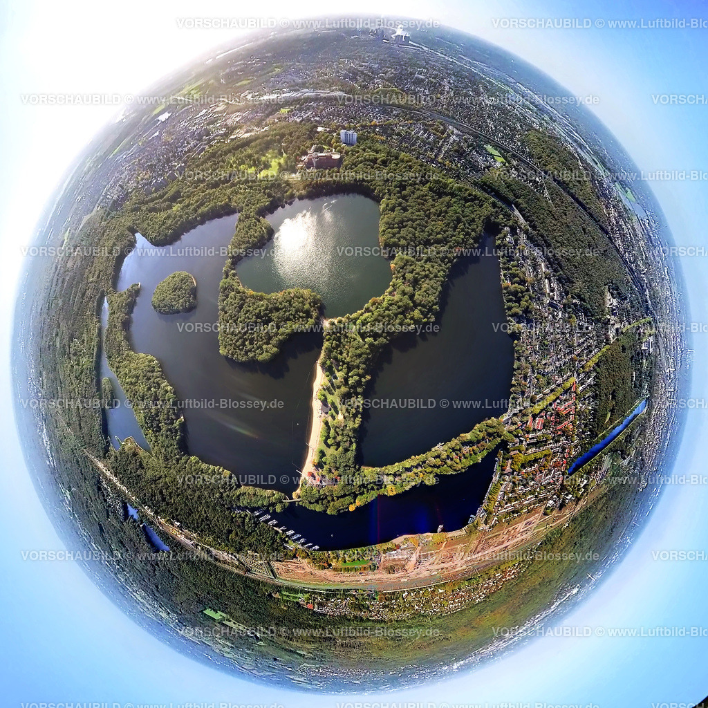 Duisburg221006_10_Wedau_Sechs-Seen-Platte | Luftbild, Sechs-Seen-Platte, Baustelle für geplantes Duisburger Wohnquartier am ehemaligen Rangierbahnhof Wedau, Fisheye Aufnahme, Fischaugen Aufnahme, 360 Grad Aufnahme, Wedau, Duisburg, Ruhrgebiet, Nordrhein-Westfalen, Deutschland