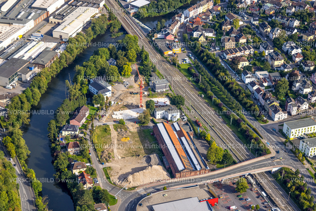Hagen230902716 | Luftbild, thyssenkrupp Hohenlimburg Gästehaus, Baustelle an der Bahnstraße, Fluss Lenne, Hohenlimburg, Hagen, Ruhrgebiet, Nordrhein-Westfalen, Deutschland