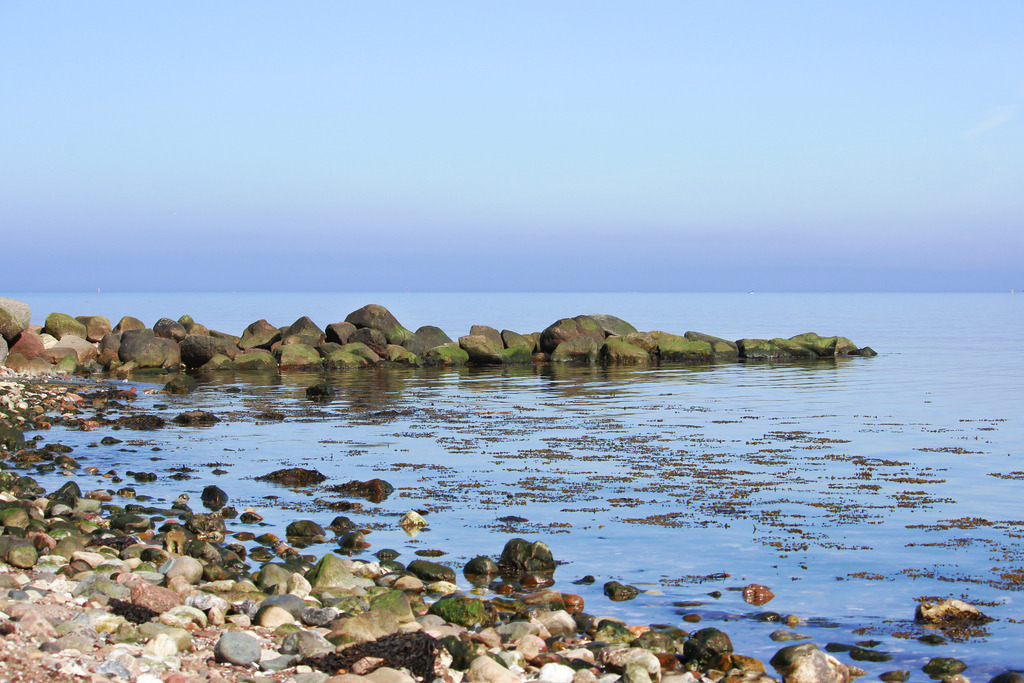 Wandbild: Steine, Licht und Wasser – Früh am Meer in Kleinwaabs | Dieses Wandbild zeigt einen frühlingshaften Morgen an der Ostsee, aufgenommen am Naturstrand von Kleinwaabs. Im Vordergrund liegen Steine und Seegras verstreut am Ufer, während sich das ruhige Wasser bis zum Horizont erstreckt. Eine Steinmole aus größeren Felsen zieht sich ins Meer und bildet eine natürliche Linie, die den Blick in die Tiefe der Szene lenkt. Der Himmel ist klar, das Licht frisch und kühl – ein Moment, in dem der Tag erwacht und die Küste in sanfter Klarheit erscheint. Die Komposition lebt vom Zusammenspiel aus Textur, Struktur und Licht. Dieses Motiv eignet sich ideal als Wandbild für naturnahe Wohnkonzepte – ob als Leinwandbild, Acrylglasbild, Alu-Dibond FineArt Print oder als Akustikbild. Ein stiller, klarer Akzent für Wohnzimmer, Büro oder Ferienwohnung. - Realisiert mit Pictrs.com