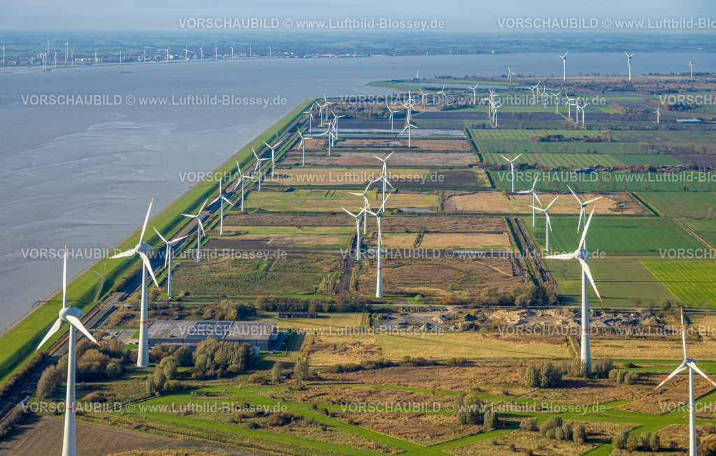Emden251104705 | Luftbild, Windpark Am Neuen Seedeich mit Fluss Ems, neben dem Volkswagenwerk Emden, Wiesen und Felder, Logumer Vorwerk, Emden, Norddeutschland, Ostfriesland, Niedersachsen, Deutschland