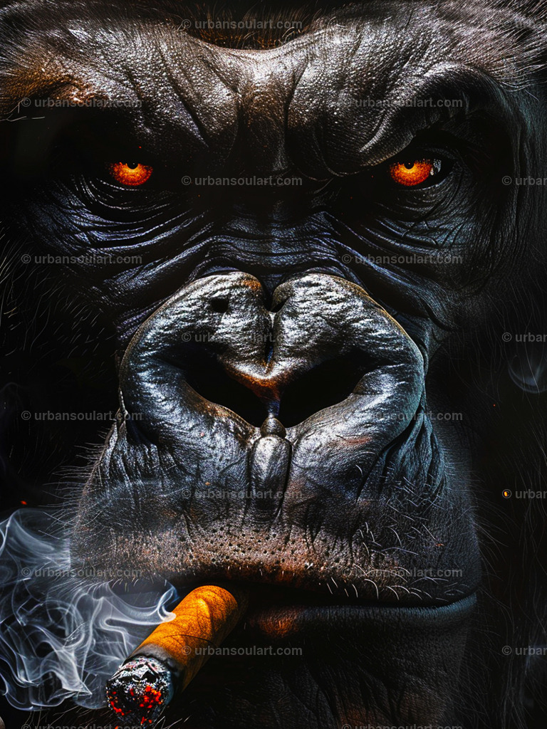 Gorilla Face Smoking Cigar | This intense close-up of a gorilla smoking a cigar gives a bold, edgy touch to any room. Perfect for fans of unique, provocative art that makes a powerful statement. - Realisiert mit Pictrs.com
