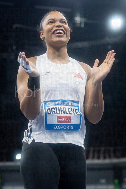 ISTAF Indoor; Duesseldorf, 24.01.2026 | DUESSELDORF, GERMANY - JANUARY 24: Yemisi Ogunleye (GER) celebrating after the shot put competition of the ISTAF Indoor Dusseldorf at PSD Bank Dome on January 24, 2026 in Duesseldorf, Germany. 