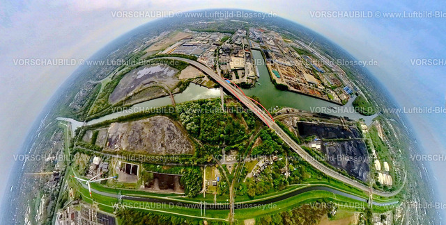 Essen240490055_BrueckeA42_Rhein-Herne-Kanal_StadtteilFreiheitEmscher | Luftbild, Stadthafen und neues Bauprojekt Freiheit Emscher, Rhein-Herne-Kanalbrücke mit rotem Geländer, Autobahn A42 Emscherschnellweg, Infrastruktur, Doppelbogenbrücke an der Stadtgrenze Bottrop, Essen-Nord Gladbecker Straße, Erdkugel, Fisheye Aufnahme, Fischaugen Aufnahme, 360 Grad Aufnahme, tiny world, little planet, fisheye Bild, Vogelheim, Essen, Ruhrgebiet, Nordrhein-Westfalen, Deutschland