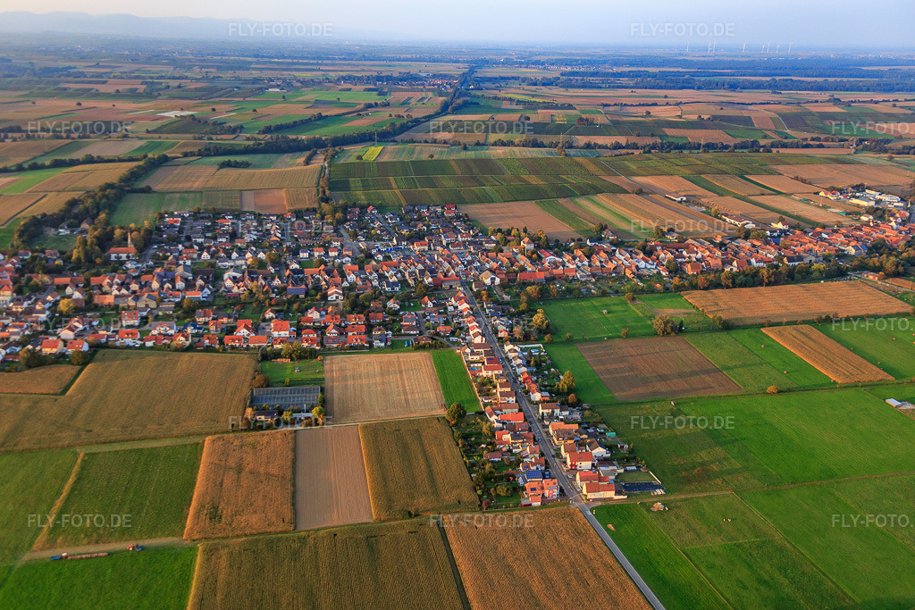 Luftbild: Dorfübersicht aus Süden in Freckenfeld im Bundesland Rheinland-Pfalz in Deutschland. Foto: IMG_074044.jpg vom 03.10.2014 durch Werner Riehm/FLY-FOTO.de