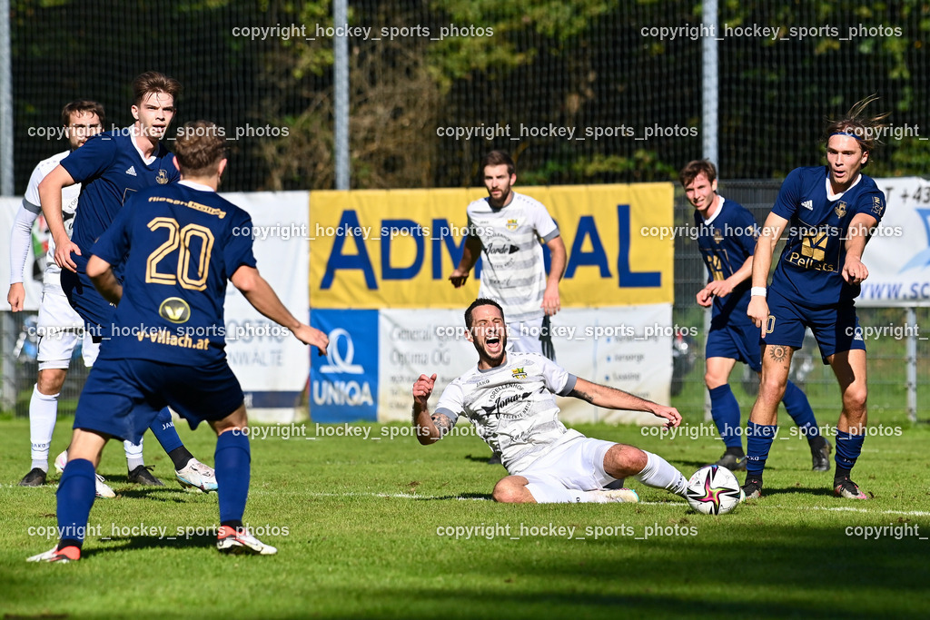 ATUS Velden vs. ASKÖ Köttmannsdorf 7.10.2023 | #18 Nicolas Manuel Modritz ATUS Velden, #9 Adrian Stroj Köttmannsdorf,  #10 Lukas Lausegger ATUS Velden, ATUS Velden vs. ASKÖ Köttmannsdorf 7.10.2023, ATUS Velden vs. ASKÖ Köttmannsdorf am 07.10.2023 in Velden (Wald Arena Velden), Austria, (Photo by Bernd Stefan)