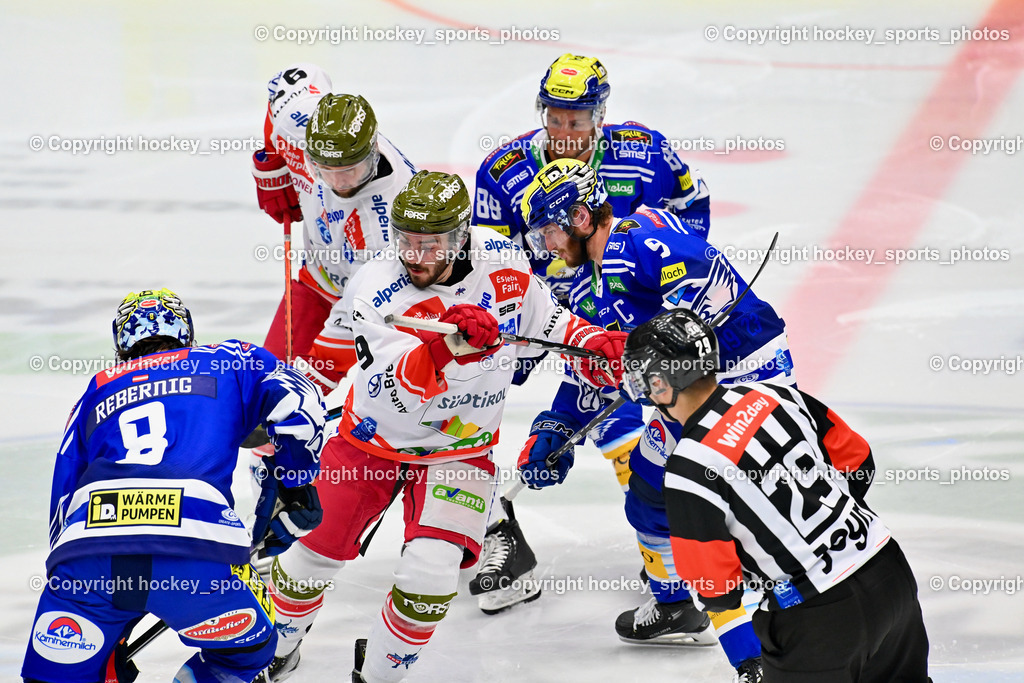 EC IDM Wärmepumpen VSV vs. HC Bozen 19.9.2023 | #8 REBERNIG Maximilian,  #92 Thomas Christian, #9 RAUCHENWALD Alexander, #88 Anthony Luciani, Piragic Trpimir Referee, win2day icehockeyleague, EC IDM Wärmepumpen - HC Bozen  am 19.09.2023 in Villach (Stadhalle Villach), Austria, (Photo by Bernd Stefan)