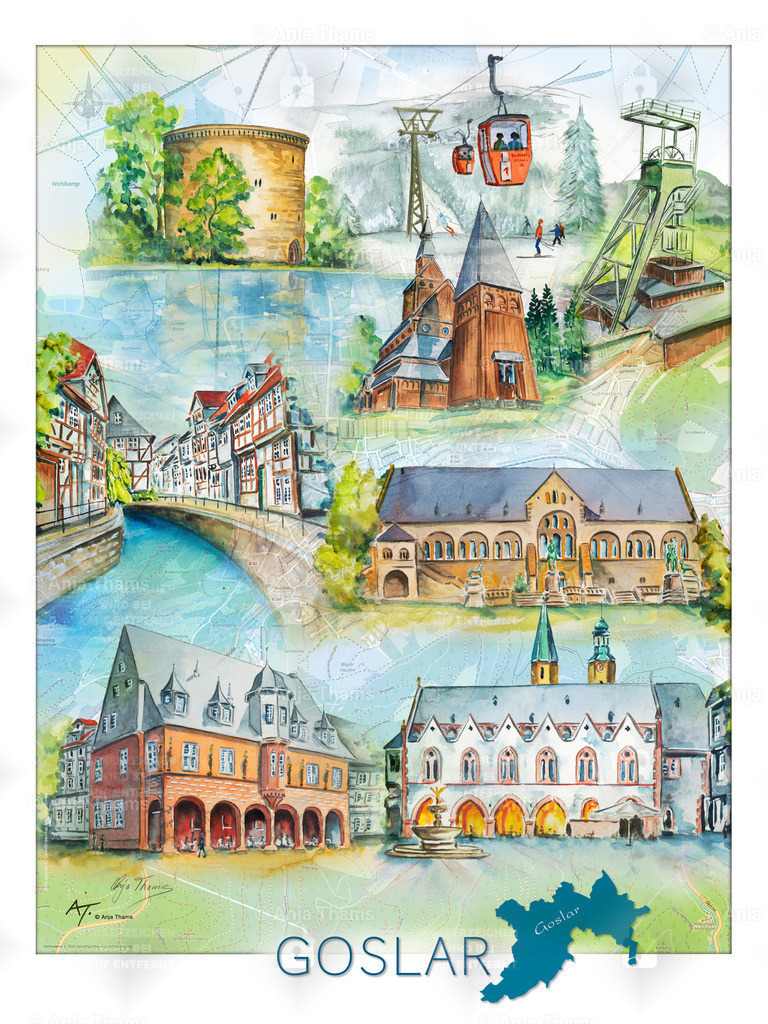 Stadtposter Goslar | Dieses farbenfrohe Aquarell, gemalt auf der Landkarte von Goslar, zeigt die schönsten Sehenswürdigkeiten dieser Stadt: Stabkirche Hahnenklee, Zwinger, Kaiserpfalz, Altstadtgasse, Rathaus, Kaiserworth - Realisiert mit Pictrs.com