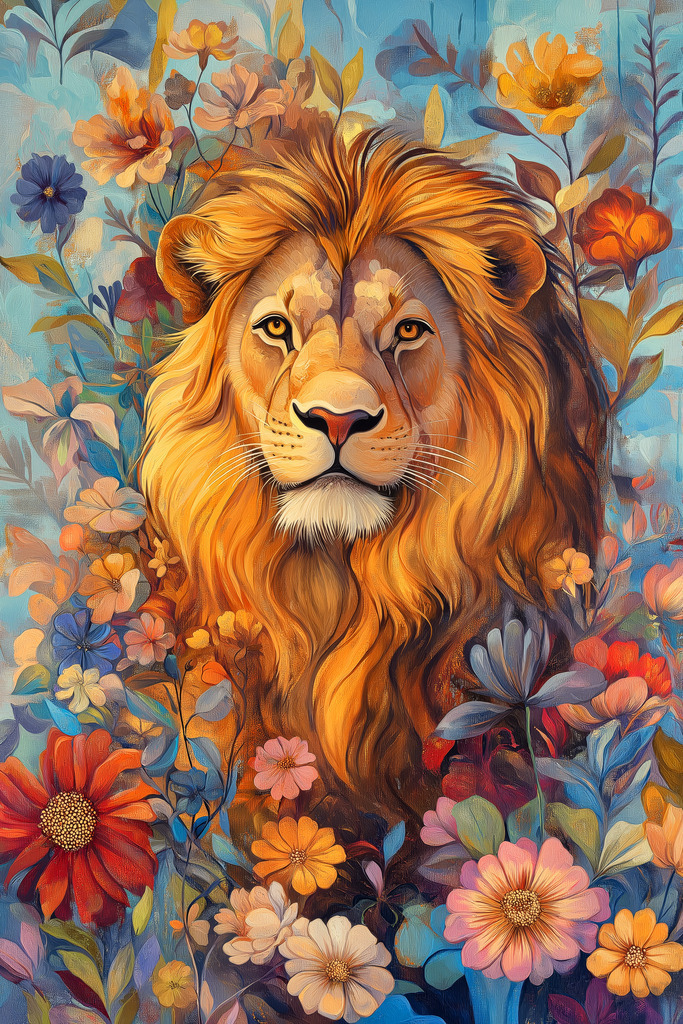 2410024 - Löwe zwischen Blumen | Ein Löwe zwischen Blumen im Stil eines Gemäldes.