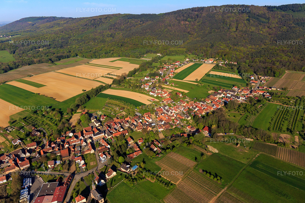 Aerial view: Rue Principale in Cleebourg in the state Bas-Rhin, France. – Photo: IMG_099313.jpg taken on 04/30/2017 by Werner Riehm/FLY-FOTO.com – Resolution of the original: 5472 x 3648 px
