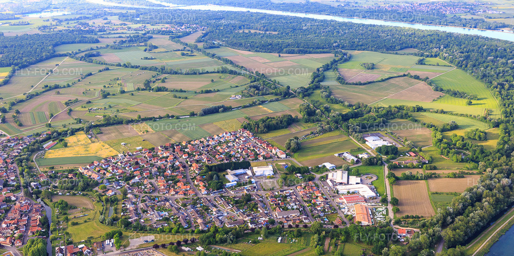 Aerial view: View of the town on the Rhine from the south in Rhinau in the state Bas-Rhin, France. – Photo: IMG_147343.jpg taken on 05/29/2025 by Werner Riehm/FLY-FOTO.com – Resolution of the original: 5415 x 2703 px