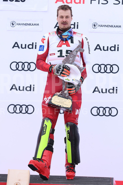 Audi FIS Ski World Cup: Men’s Slalom – Hahnenkamm Race, Kitzbuehel | Kitzbuehel, Austria, 25.Jan.26 - Alpine Skiing - FIS World Cup, Hahnenkamm Race, Slalom, men. The image shows FELLER Manuel (AUT, Atomic) first place with gams.
