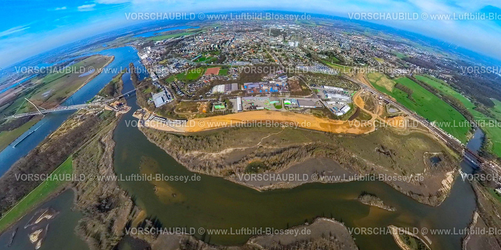 Wesel240390064Suedumgehung_B58n | Luftbild, Lippemündungsraum Naturschutzgebiet und Baustelle Südumgehung B58n, Erdkugel, Fisheye Aufnahme, Fischaugen Aufnahme, 360 Grad Aufnahme, tiny world, little planet, fisheye Bild, Wesel, Nordrhein-Westfalen, Deutschland
