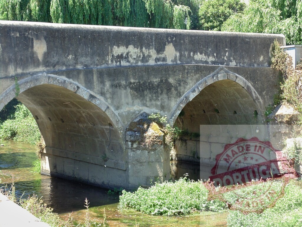 Stone bridge arch spanning river with vegetation. Aveiro - Portugal | Ancient stone bridge arching over a calm river with lush green bank foliage - Realisiert mit Pictrs.com