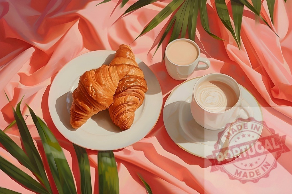 Two delicious croissants and cappuccino on coral tablecloth enjoying morning sunlight | Two freshly baked croissants and cappuccino served on elegant white porcelain for a delightful breakfast experience - Realized with Pictrs.com