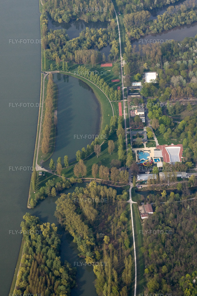 Luftbild: Uferbereiche des Freibades Rheinstrandbad Rappenwört am Rhein im Ortsteil Daxlanden in Karlsruhe im Bundesland Baden-Württemberg in Deutschland. Foto: IMG_17783.jpg vom 12.04.2009 durch Werner Riehm/FLY-FOTO.deKarlsruher Bäder | Karlsruher Baeder - Entdecke die Vielfalt