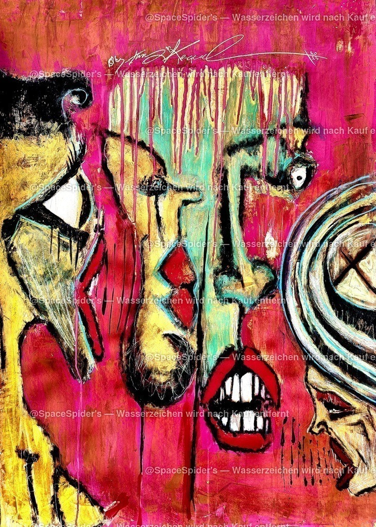 "FOKUS"     (nr.100) | Dieses Bild steht für den individuellen Lebensweg, 
die Visionen eines Menschen. 
"FOKUS"
DEM EIGENEN WEG TREU BLEIBEN ...
Ein Individuum hat eine Vision, einen Traum, der in den Augen seiner Mitmenschen als unmöglich, ja sogar verrückt erscheint.
Und sie fangen an, ihre Ansichten und Meinungen auf das Individuum ein Zureden, sodass es sich selbst anfängt aufzulösen, von all den Meinungen, ja beinah in die Irre geführt wird oder von seinem individuellen Weg abzukommen droht...
Um dies zu vermeiden, braucht es einen starken Fokus auf das individuelle Ziel der Vision. 
Siehe Stiel Auge der Figur in der Mitte...
Das Gesicht im Gesicht der Figur (links) in der Mitte, ist eigentlich ein Ohr, das jedoch zu einer nachhallenden Meinung eines anderen Individuums geworden ist... 
Man hört die Ansichten anderer wie eine Schallplatte im inneren Ohr... 
Dieses Bild soll daran erinnern, sich selbst treu zu bleiben im Meer der Meinungen anderen. - Realisiert mit Pictrs.com