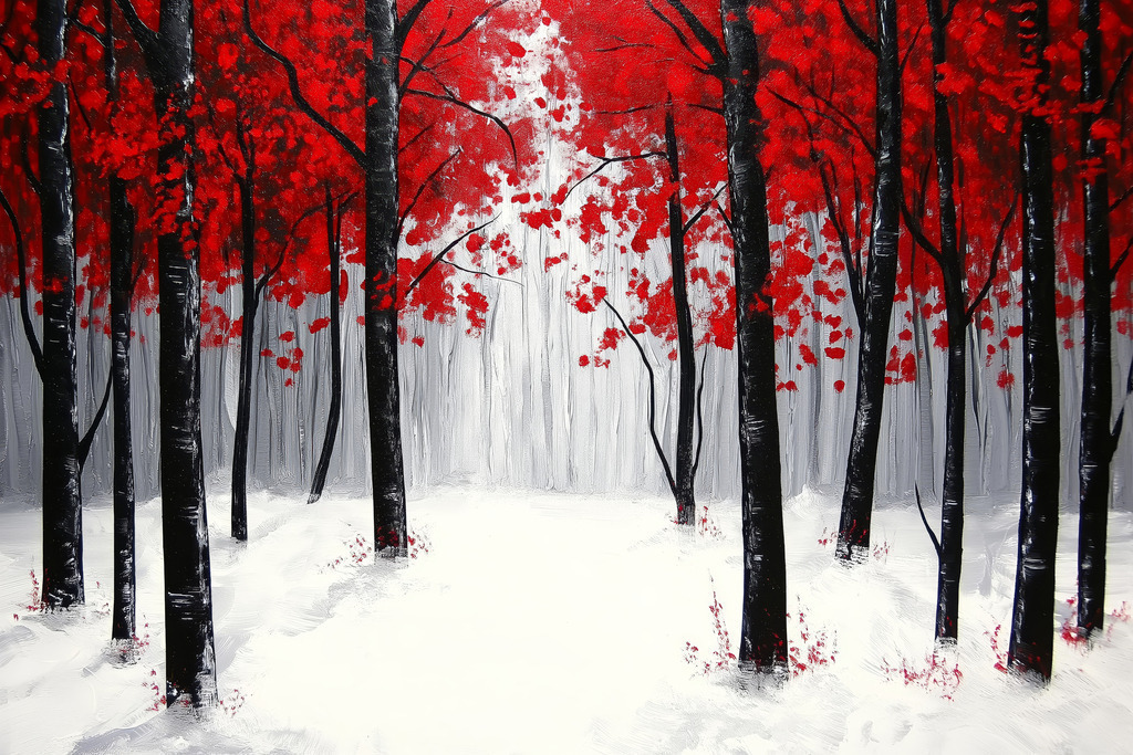 2501011 - Winterwald mit roten Blättern | Bestellen Sie dieses winterliche Motiv als Wandbild z.B. auf Leinwand , hinter Acrylglas oder auf Alu-Dibond.