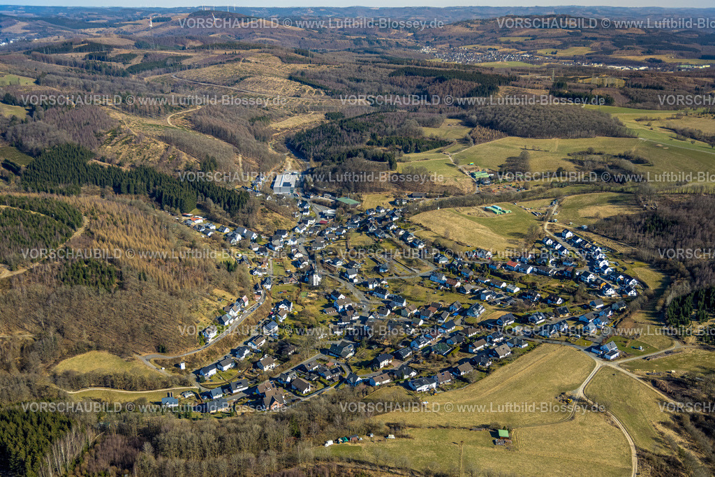 Olpe250308252Neukleusheim | Luftbild, Wohngebiet Ortsansicht Ortsteil Neuenkleusheim mit St. Georg Kirche, Wald mit Waldschäden, Stachelau, Olpe, Sauerland, Nordrhein-Westfalen, Deutschland