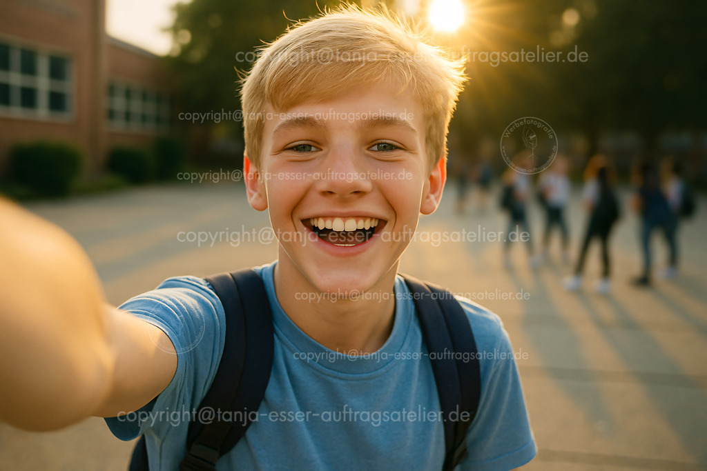 Schüler macht ein Selfie auf dem Schulhof | Ein Schüler mit blonden Haaren macht ein Selfie auf dem Schulhof. Er lacht in seine Handykamera. Im unscharfen Hintergrund ist die Schule und einige Mitschüler. Sonniger Sommermorgen. KI generiertes Bild, überarbeitet.