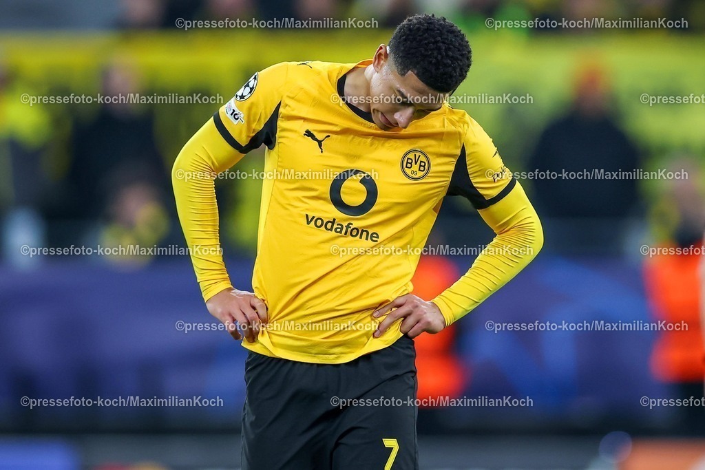 UCL10122501107 | 10.12.2025, Fußball, UEFA Champions League, Borussia Dortmund - FK Bodö/Glimt, BVB Stadion, 5. Spieltag, Saison 2025 2026:Jobe Bellingham (BVB #07)unzufrieden nach dem 2:2 Endstand Regulations prohibit any use of photographs as image sequences and or quasi-video.
