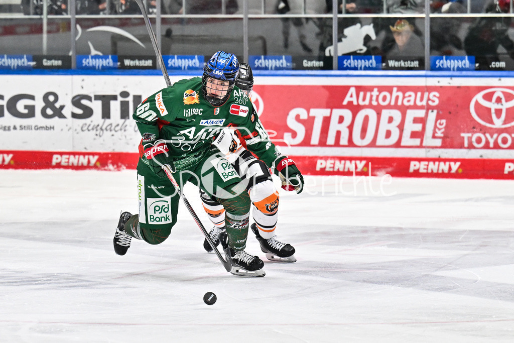 Augsburger Panther - Grizzlys Wolfsburg | AUGSBURG, GERMANY - 15. MARCH: im Duell Liron PELLIZZARI (Augsburger Panther 60) und Matt WHITE (Grizzlys Wolfsburg 97) während dem Match zwischen den Augsburger Panthern und den Grizzlys Wolfsburg am 52. Spieltag der Penny DEL im Curt Frenzel Stadion