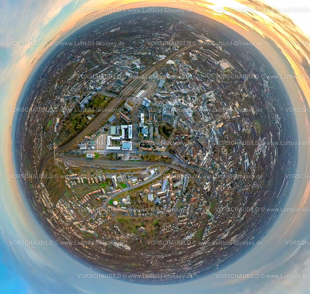 Bochum2301fish0007CityOst | Luftbild, Innenstadtansicht, City-Ost mit Hauptbahnhof, Gerichtsviertel, Fisheye Aufnahme, Fischaugen Aufnahme, 360 Grad Aufnahme, Gleisdreieck, Bochum, Ruhrgebiet, Nordrhein-Westfalen, Deutschland