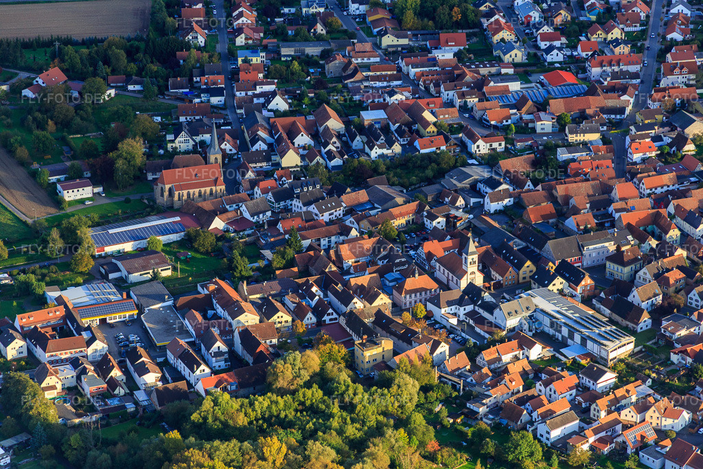 Luftbild: Dorfzentrum mit 2 Kirchen im Ortsteil Ingenheim in Billigheim-Ingenheim im Bundesland Rheinland-Pfalz in Deutschland. Foto: IMG_074624.jpg vom 14.10.2014 durch Werner Riehm/FLY-FOTO.de
