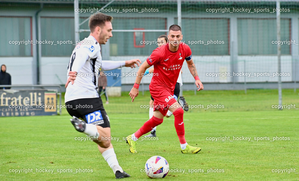 SVG Bleiburg vs. SAK 23.9.2023 | #18 Alen Martinovic SVG Bleiburg, #24 Zoran Vukovic (K) SAK, SVG Bleiburg vs. SAK 23.9.2023, SVG Bleiburg vs. SAK am 23.09.2023 in Bleiburg (Karl Kornberger Stadion), Austria, (Photo by Bernd Stefan)