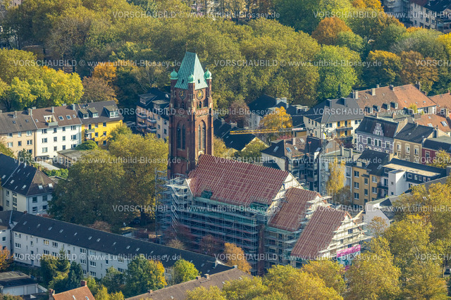 Bochum241016277 | Luftbild, Antonius Quartier Bochum Wohnprojekt in der ehemaligen Sankt Antonius Kirche, Baugerüst für Neubau Sanierung und Renovierung, Kruppwerke, Bochum, Ruhrgebiet, Nordrhein-Westfalen, Deutschland