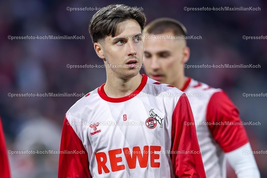 1FC05042502110 | 05.04.2025, Fußball, 1. FC Köln - Hertha BSC, 2.. Fußball Bundesliga, 28. Spieltag, RheinEnergie-STADION, Saison 2024 2025: Denis Huseinbasic (FC Koeln #8) DFB regulations prohibit any use of photographs as image sequences and or quasi-video.