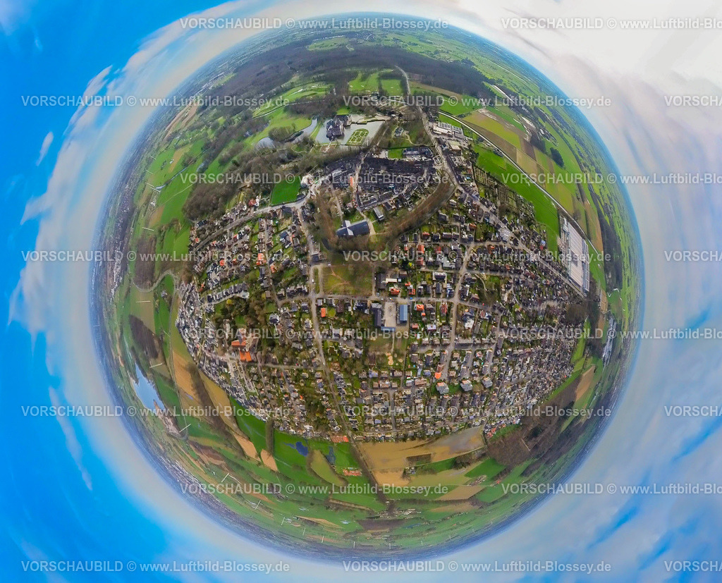 Isselburg240390162Anholt | Luftbild, Wohngebiet Ortsansicht Anholt mit Fluss Issel, Wasserburg Anholt und Schlosspark, Kirche St. Franziskus Isselburg, Erdkugel, Fisheye Aufnahme, Fischaugen Aufnahme, 360 Grad Aufnahme, tiny world, little planet, fisheye Bild, Anholt, Isselburg, Nordrhein-Westfalen, Deutschland