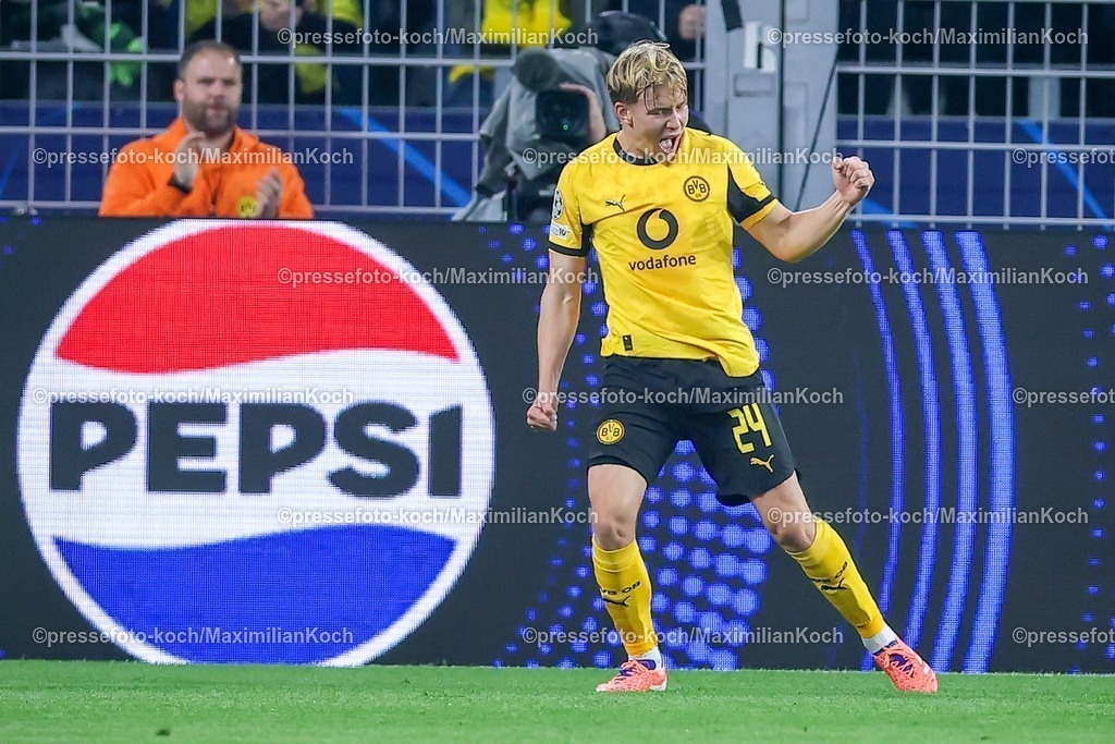 UCL01102501040 | 01.10.2025, Fußball, UEFA Champions League, Borussia Dortmund - Athletic Club Bilbao, BVB Stadion, 2. Spieltag, Saison 2025 2026: Torjubel nach dem Tor zum 1:0  durch Torschütze Daniel Svensson (BVB #24)    Regulations prohibit any use of photographs as image sequences and or quasi-video.