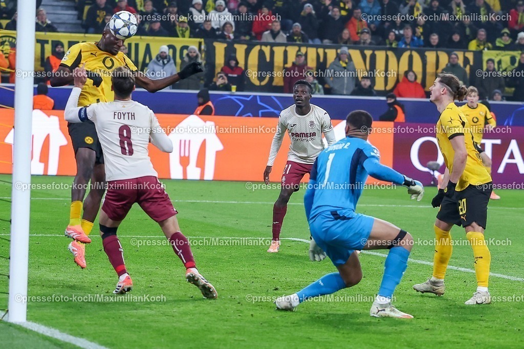 UCL25112501084 | 25.11.2025, Fußball, UEFA Champions League, Borussia Dortmund - FC Villarreal, BVB Stadion, 5. Spieltag, Saison 2025 2026: Torschuss Kopfballtor Tor zum 1:0 durch Torschütze Serhou Guirassy&nbsp;(BVB #09) Regulations prohibit any use of photographs as image sequences and or quasi-video.