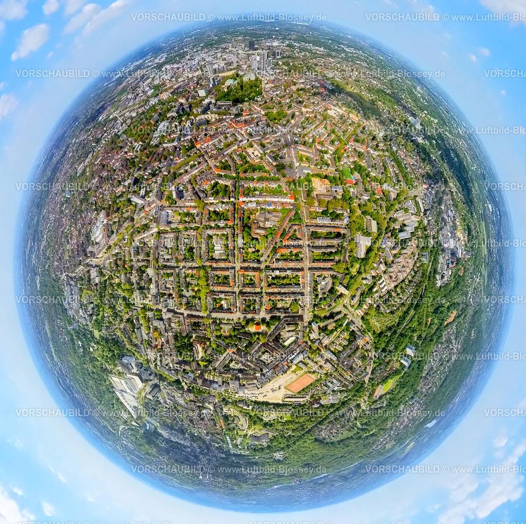 Essen230520097Ruettenscheid | Luftbild, City Innenstadtansicht, Alfredstraße, Paulinenstraße, Erdkugel, Fisheye Aufnahme, Fischaugen Aufnahme, 360 Grad Aufnahme, Rüttenscheid, Essen, Ruhrgebiet, Nordrhein-Westfalen, Deutschland