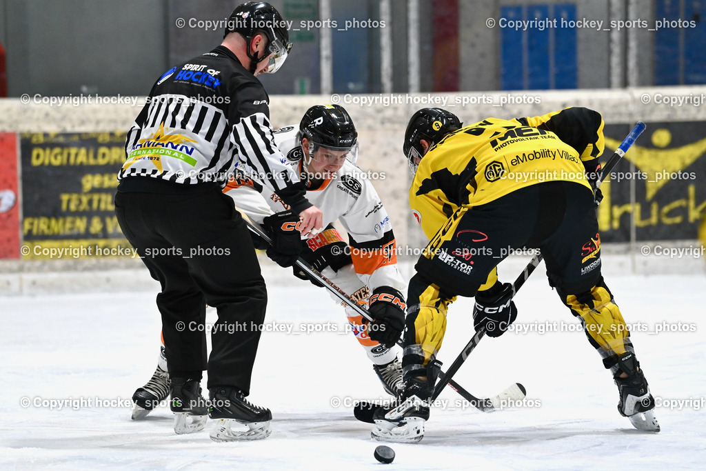 EC Spittal Hornets vs. USC Piraten Velden 7.2.2024 | Wucherer Gerald Referee, #17 Hobitsch Samuel, #9 Essmann Kevin