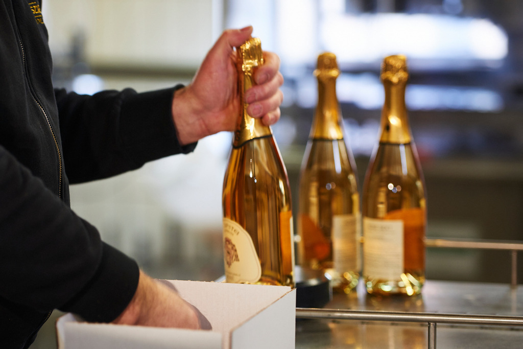 Sektkellerei Szigeti | Gols, Austria - February 19, 2018: Sektkellerei Szigeti; ein Mitarbeiter verpackt die fertigen Sektflaschen in Kartons. - Realisiert mit Pictrs.com