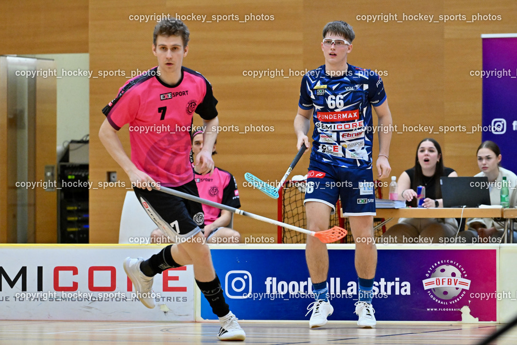 VSV Unihockey vs. Wiener Floorballferein 6.4.2024 | #7 Peter Scheidl Wiener Floorballverein, #66 Jakob Rainer VSV Unihockey, VSV Unihockey vs. Wiener Floorballferein 6.4.2024, VSV Unihockey vs. Wiener Floorballferein  am 06.04.2024 in Villach (Ballspielhalle St. Martin), Austria, (Photo by Bernd Stefan)