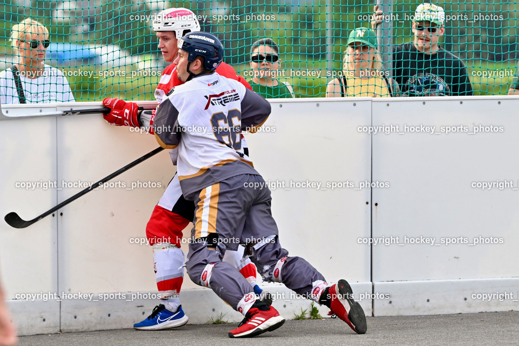 VAS Ballhockey vs. HSC Eagles Poggersdorf | #74 Topelzer Daniel, #65 Ortner Stefan, VAS Ballhockey vs. HSC Eagles Poggersdorf, VAS Ballhockey vs. HSC Eagles Poggersdorf am 14.07.2024 in Villach (Alpen Arena ), Austria, (Photo by Bernd Stefan)