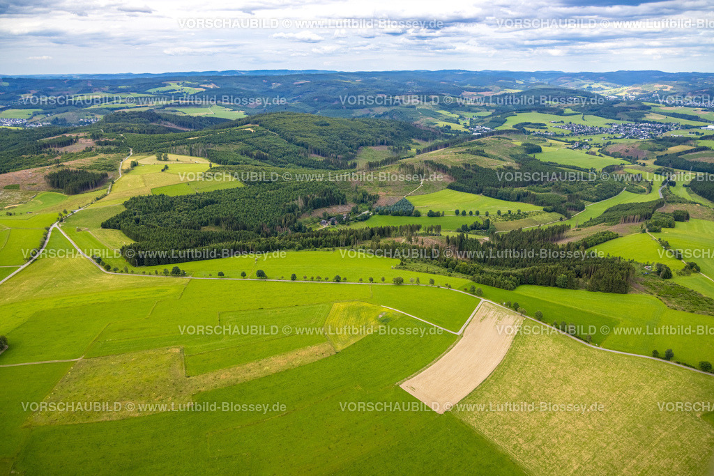 BadBerleburg240709958 | Luftbild, Waldgebiet mit Waldschäden, Fernsicht und blauer Himmel mit Wolken, Wiesen und Felder nahe Berghausen, Bad Berleburg, Wittgensteiner Land, Nordrhein-Westfalen, Deutschland