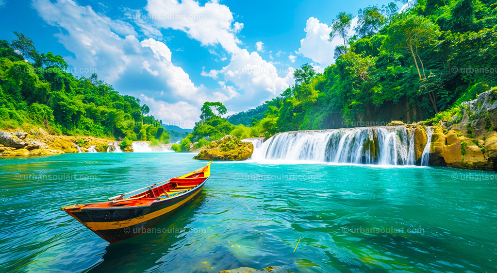 Riverboat In Front Of Waterfall Surrounded With Jungle | A colorful scene featuring a traditional riverboat against a majestic waterfall and jungle backdrop. Great for those who want to bring an adventurous and vibrant touch to their decor. - Realisiert mit Pictrs.com