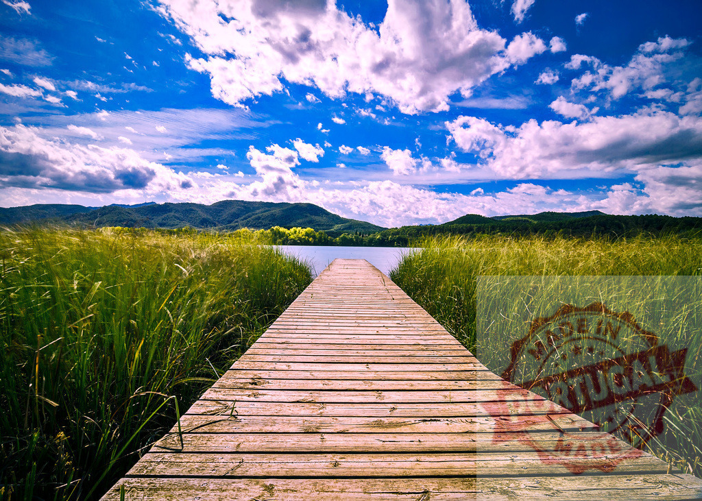 Wooden pier stretching into a peaceful lake surrounded by lush greenery | Serene landscape featuring a wooden pier leading into a tranquil lake, with mountains and a cloudy blue sky in the background - Realized with Pictrs.com