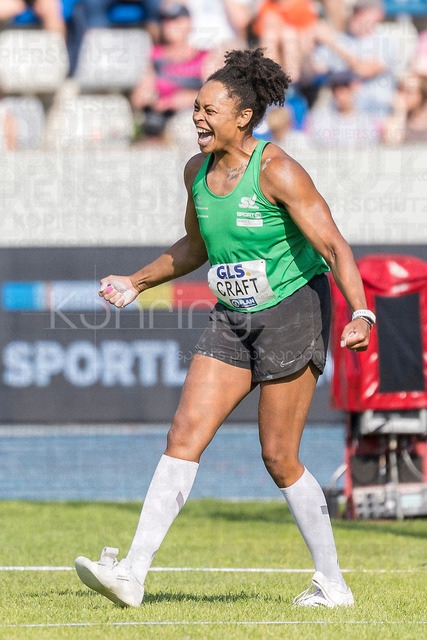 Deutsche Leichtathletik-Meisterschaften; Bochum-Wattenscheid, 25.07.2026 | Shanice Craft (SV Halle) freut sich beim Diskuswurf; Deutsche Leichtathletik-Meisterschaften am 25.07.2026 im Lorheide-Stadion, Bochum-Wattenscheid (Nordrhein-Westfalen).
