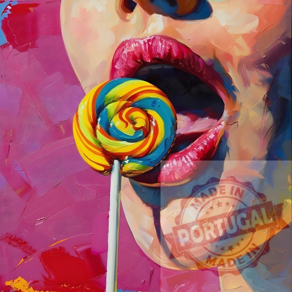Woman lips enjoying a vibrant swirl lollipop pop art | Woman's glossy lips tasting a colorful lollipop against a vibrant pop art background - Realized with Pictrs.com