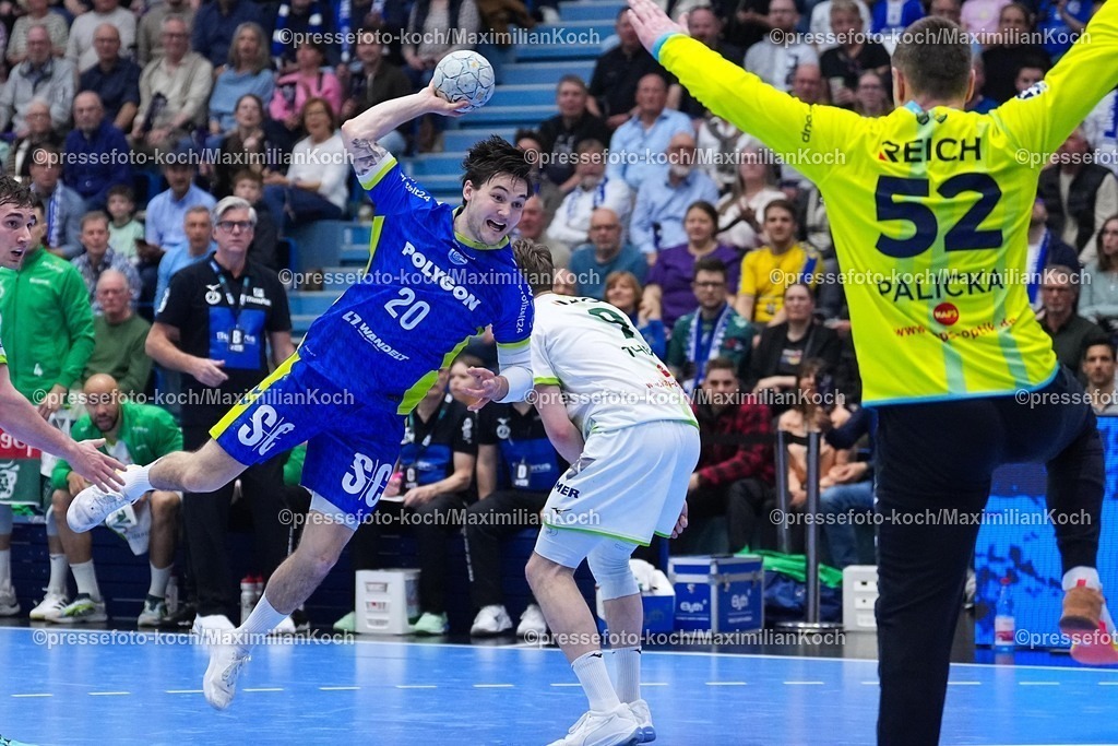 xYDRx11042601004 | 11.04.2026, xydrx, Handball, 1.HBL, VfL Gummersbach - HSG Wetzlar, Schwalbe-Arena: Ludvig Hallbaeck (VfL Gummersbach #20) beim Wurf auf das Tor von Andreas Palicka (HSG Wetzlar #52)   Photo: xYannisxDreimannxPressefotoKochx