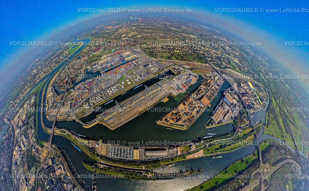 Duisburg250490043Duisport | Luftbild, duisport Hafen, Hafengebiet mit Stahlinsel, Ölinsel, Kohleninsel Container Terminal und Schrottinsel Rohstoffinsel, Insel Pontwert am Hafenkanal, Erdkugel, Fisheye Aufnahme, Fischaugen Aufnahme, 360 Grad Aufnahme, tiny world, little planet, fisheye Bild, Ruhrort, Duisburg, Ruhrgebiet, Nordrhein-Westfalen, Deutschland