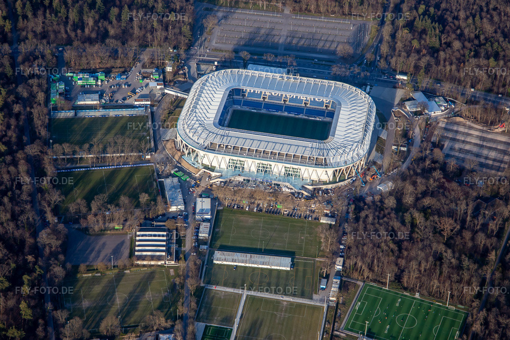 Luftbild: BBBank Wildpark, fast vollendeter Stadionneubau des KSC im Ortsteil Innenstadt-Ost in Karlsruhe im Bundesland Baden-Württemberg in Deutschland. Foto: IMG_135970.jpg vom 21.02.2023 durch Werner Riehm/FLY-FOTO.de