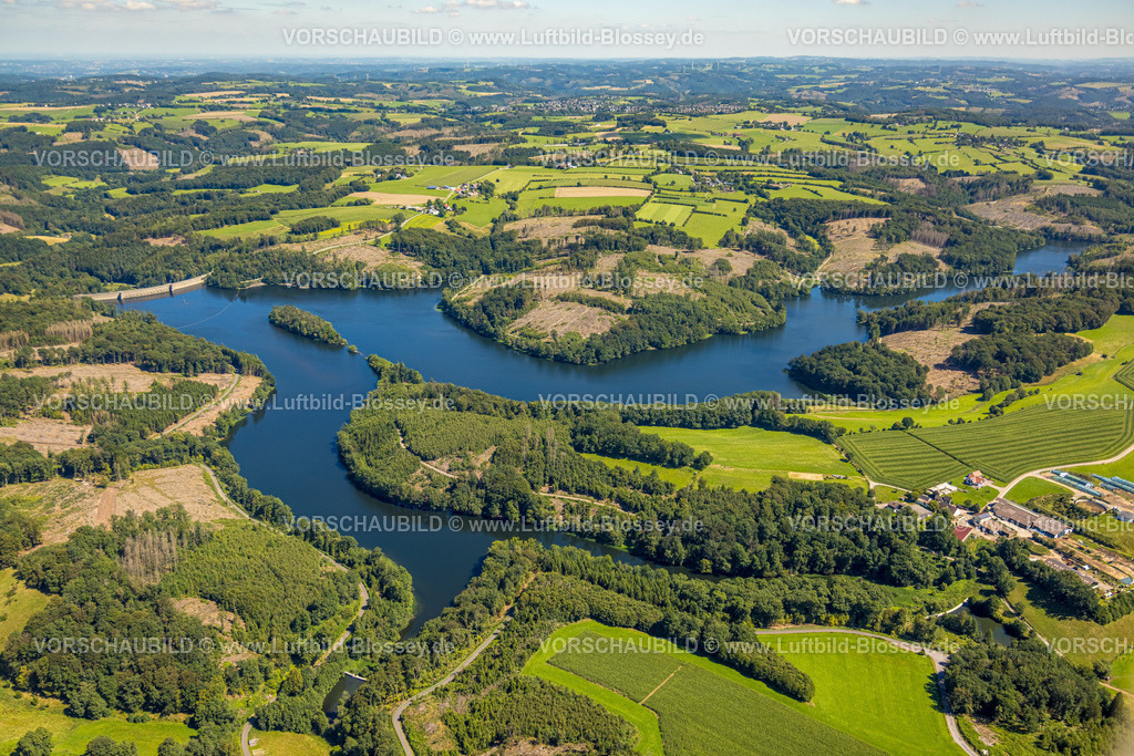 Ennepetal230801530 | Luftbild, Ennepetalsperre mit Staumauer, Wiesen und Felder, Altenbreckerfeld, Breckerfeld, Ruhrgebiet, Nordrhein-Westfalen, Deutschland