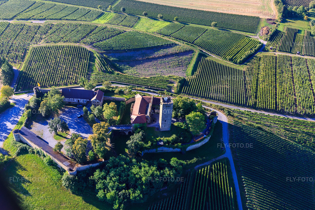 Luftbild: Burg Ravensburg (Sulzfeld) am Morgen auf einem Hügel mit Weinbergen in Sulzfeld im Bundesland Baden-Württemberg in Deutschland. Foto: IMG_093885.jpg vom 23.08.2016 durch Werner Riehm/FLY-FOTO.deBurg Ravensburg