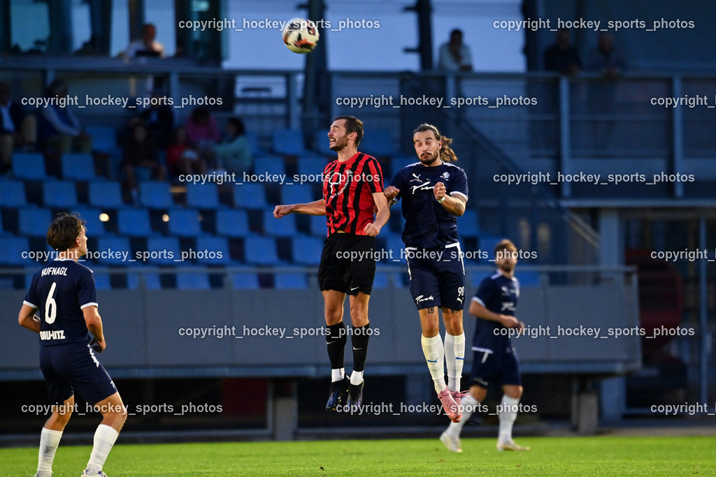 SC St. Veit vs. FC Nussdorf Debant | #6 Julian Hufnagl SC St. Veit, #9 Dominik Sporer FC Nussdorf Debant, #90 Nemanja Lukic SC St. Veit, SC St. Veit vs. FC Nussdorf Debant, SC St. Veit vs. FC Nussdorf Debant am 22.08.2025 in St. Veit an der Glan (Jacques Lemans Arena), Austria, (Photo by Bernd Stefan)